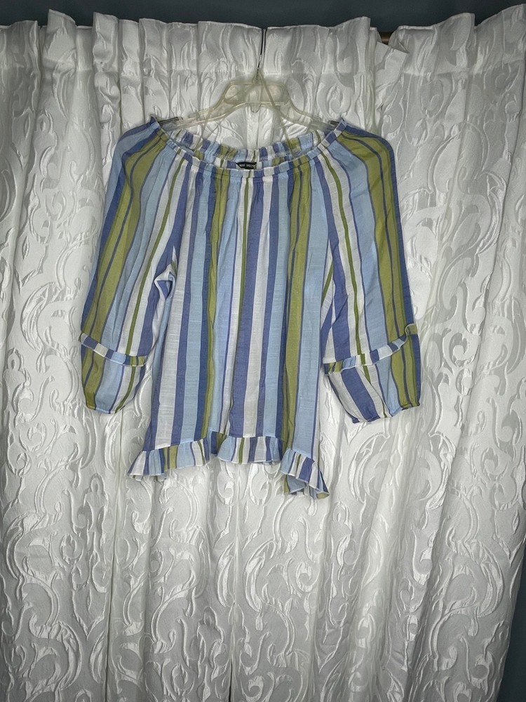 women's Large blouse, BoHo/coastal vibes blue/green stripes 3/4 sleeve