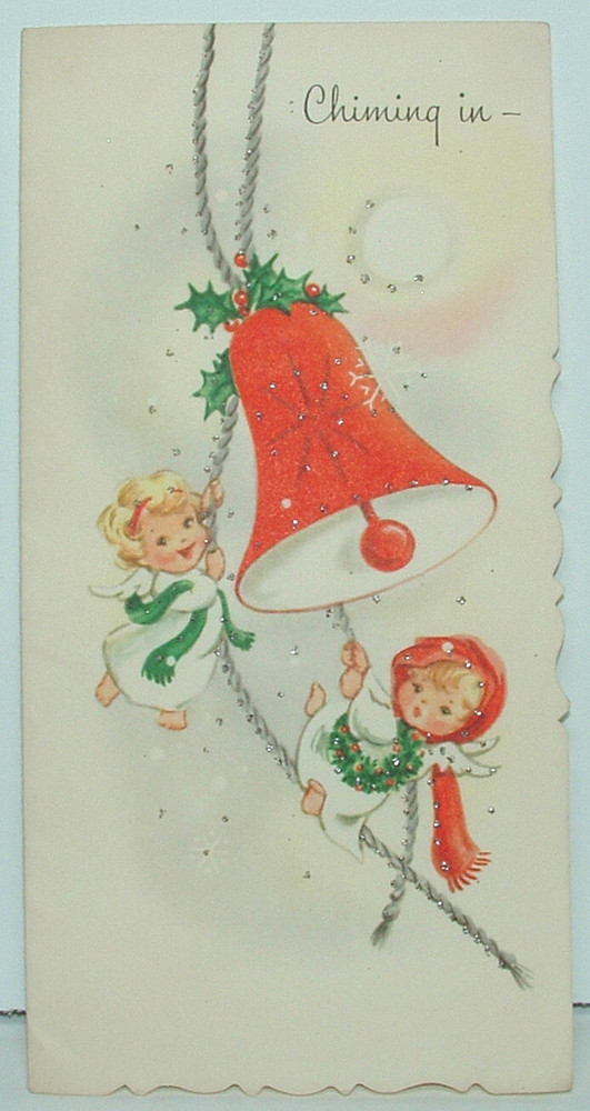Silvered - Angels Ring Bell - 1950's Vintage SUNSHINE Christmas Card