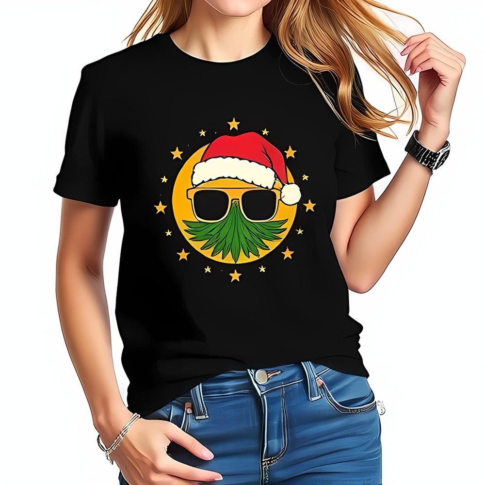 Whimsical Pineapple Christmas T-Shirt with Santa Hat and Sunglasses in Soft All Cotton