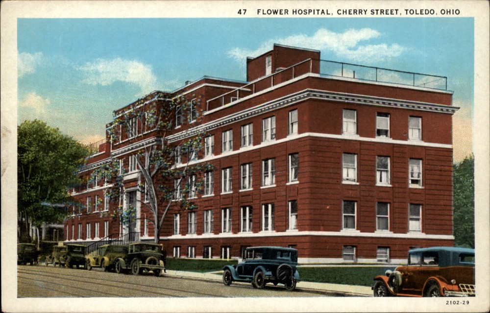 Flower Hospital Cherry Street Toledo Ohio antique cars ~ 1920s vintage postcard