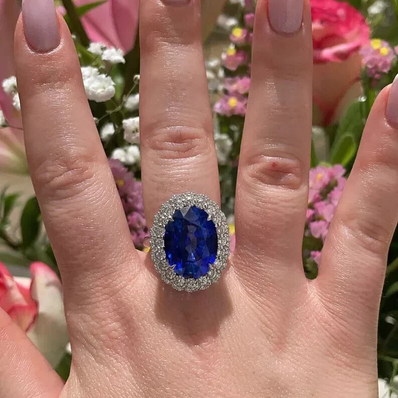 5.10 Ct Oval Cut Natural Sapphire & Diamond Wedding Ring 14K White Gold  Solid