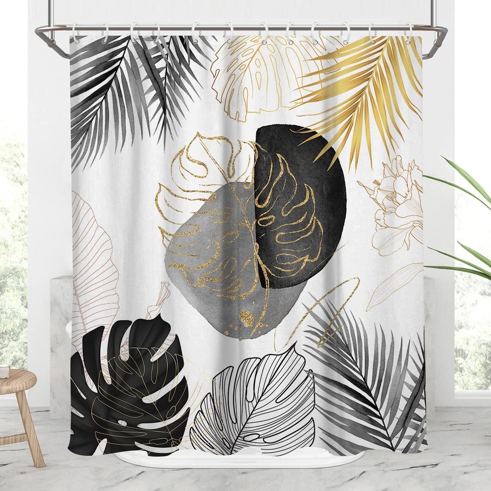 Black and Gold Leaves Shower Curtain White Leaf Palm Boho Tropiacl Abstract G...-image