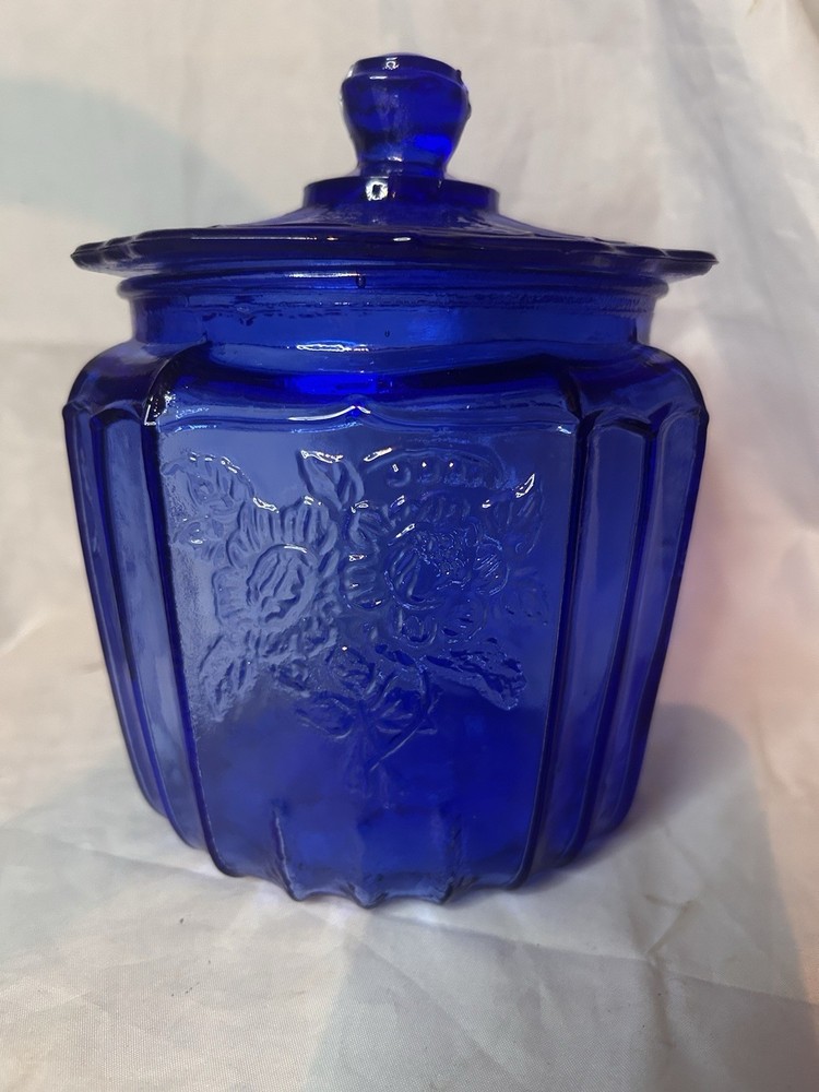 VTG Cobalt blue anchor Hocking Mayfair/open rose cookie biscuit jar with lid