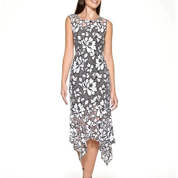 Kensie Floral Sleeveless Black and White Midi Dress Womens Size 12 Classic Chic