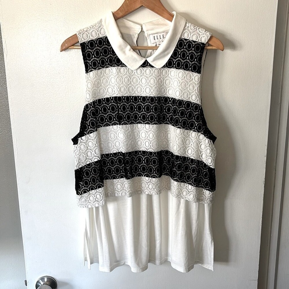 Elle size XXL black and white striped lace layered collared sleeveless tank top