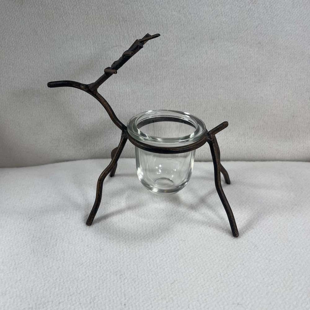 Rustic Metal Reindeer W/ Glass Candle Votive Holder 6” Tall