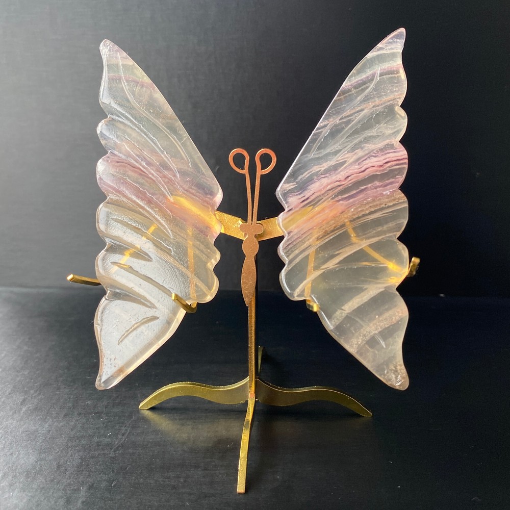 131G Natural Crystal Fluorite Butterfly Wings Healing Statue Decor + Stand