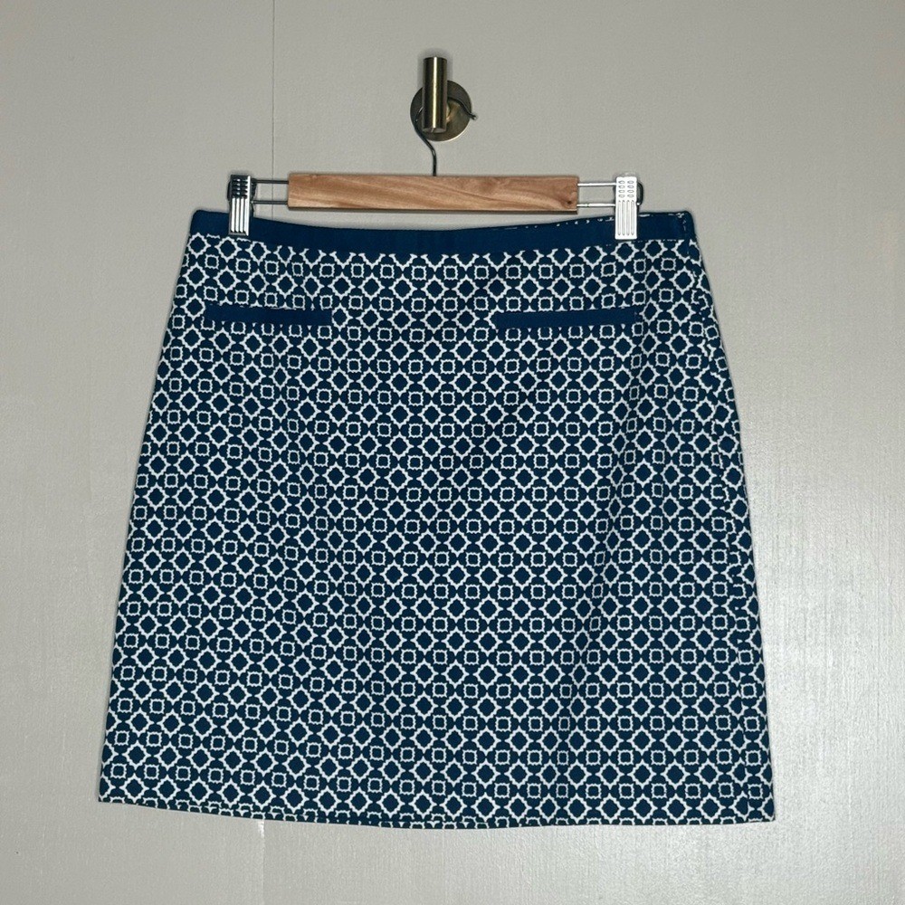 Talbots Petite 8P Blue White Geometric Mini Skirt Preppy Tailored Stretch