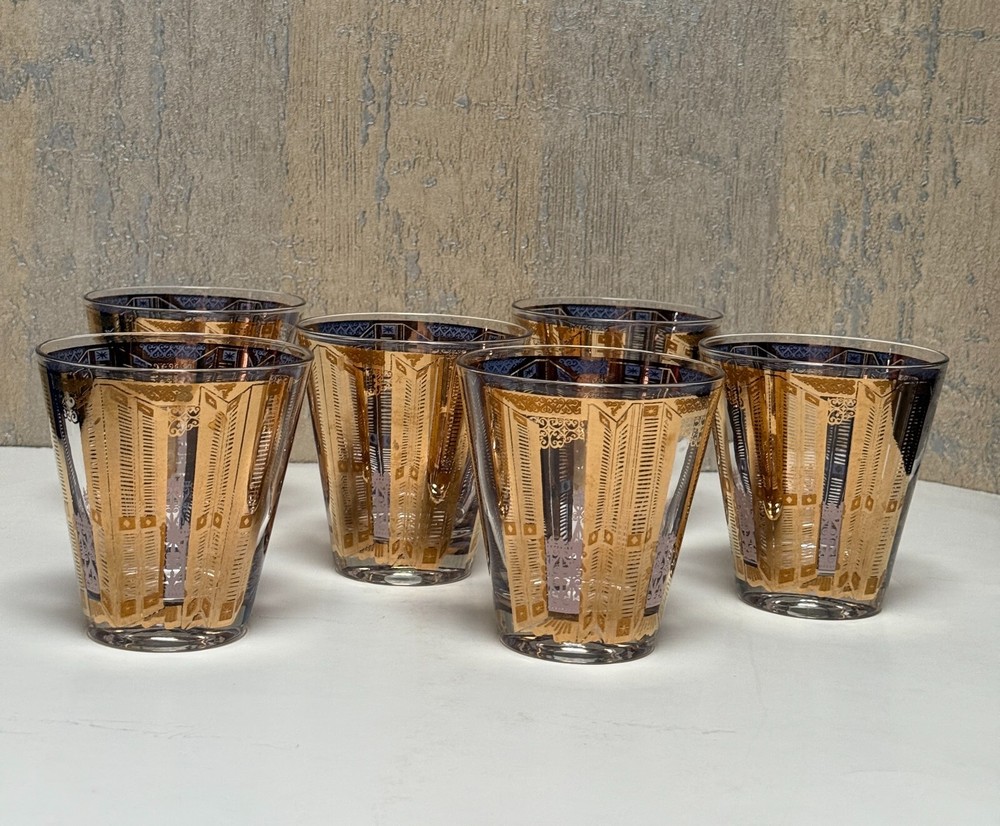 Mid Century Modern Gold Turquoise Old Fashioned Cocktail Glasses 4