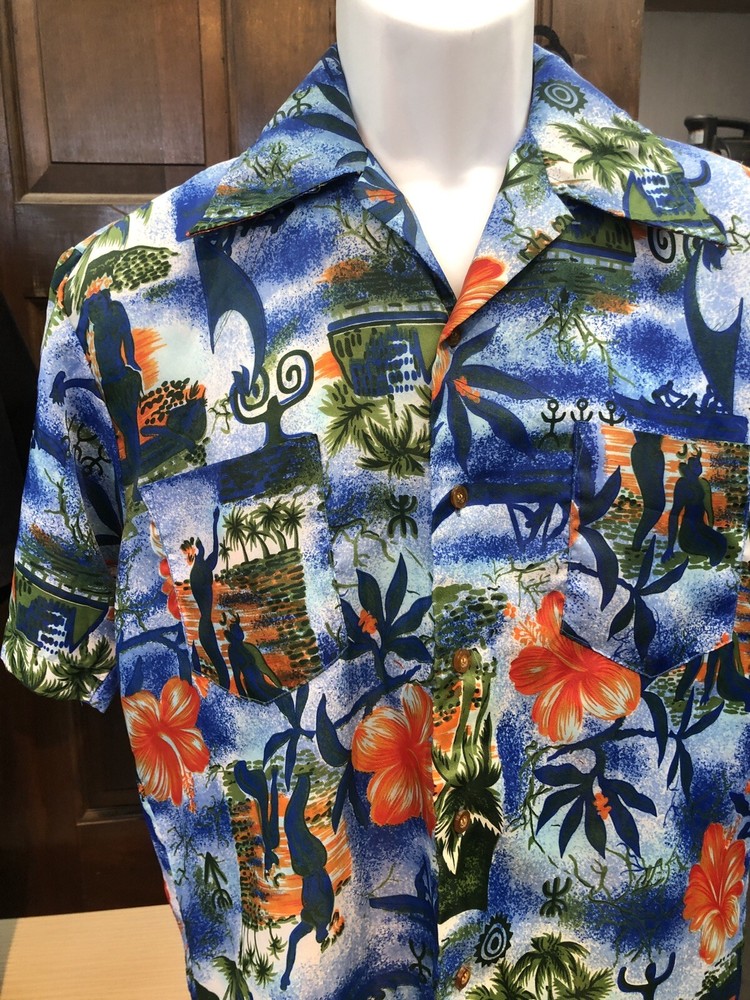 Waikiki holiday Hawaiian shirt palm trees abstract print blue no size tag-image