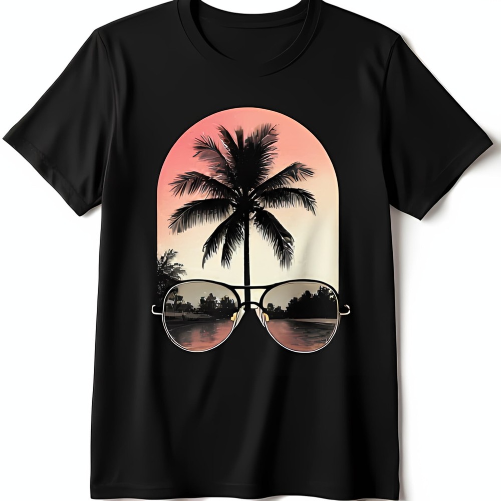 Stylish Black T-Shirt with Tree Sunset Graphic & Reflective Sunglasses