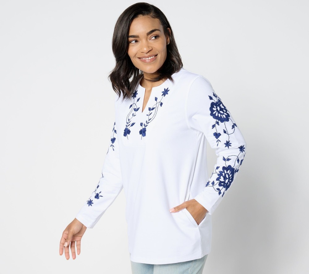 Susan Graver Women's Top Sz XS Weekend Embroidered French Terry White A649282