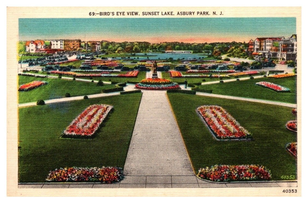 1940s Birds Eye View Gardens Sunset Lake Asbury Park New Jersey Vintage Postcard