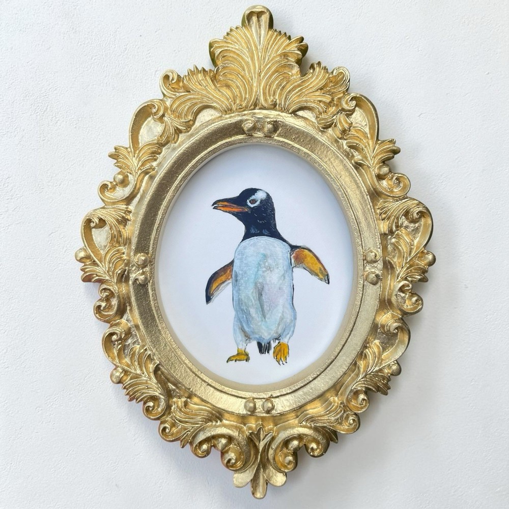 Penguin mini watercolor bird print of original painting • vintage ornate frame