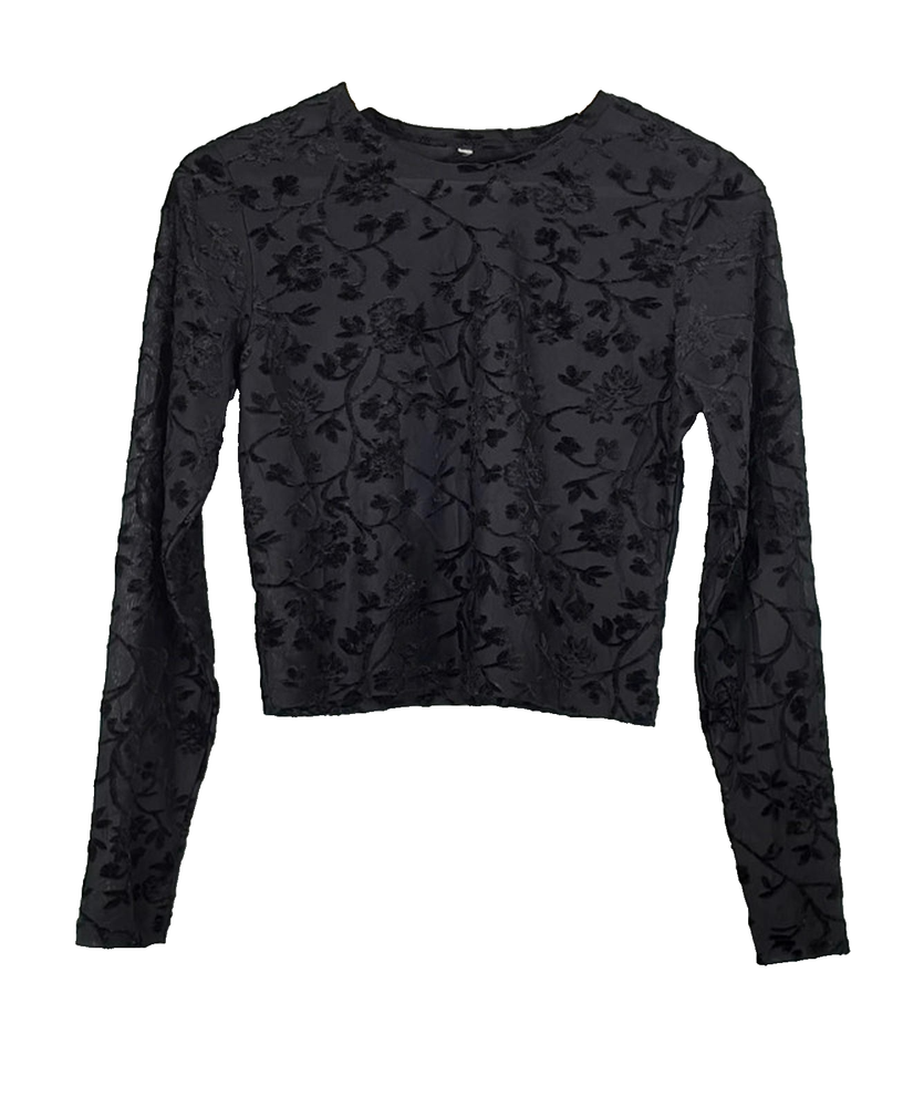 Black Floral Flocked Mesh Crop Top Size 6-8 Vintage Y2K Dark Romance Gothic