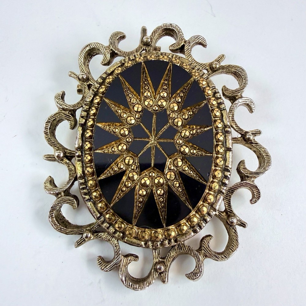 Vintage Black Cut Glass Faux Marcasite Gold Tone Brooch Pendant Comb Pin