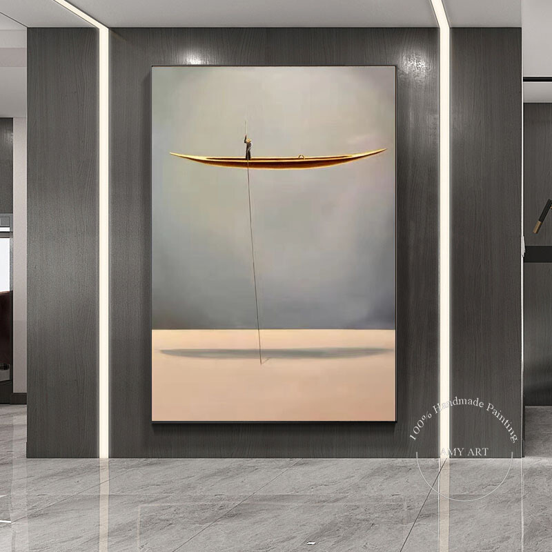 Hand Painted Oil Painting Wall Modern Abstract Gold Boat Canvas Painting Home