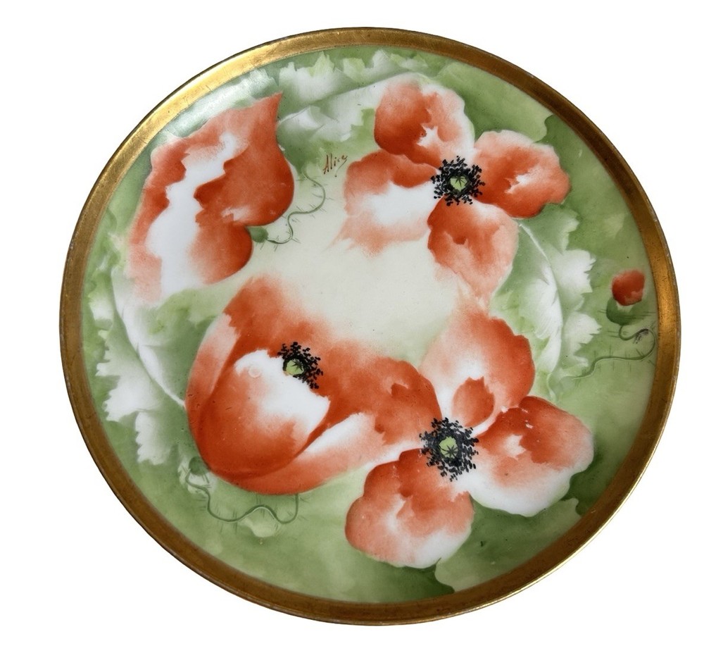 Limoges Coronet Hand Painted POPPIES Dessert Plate 7.5” Signed Alice Gold Rim