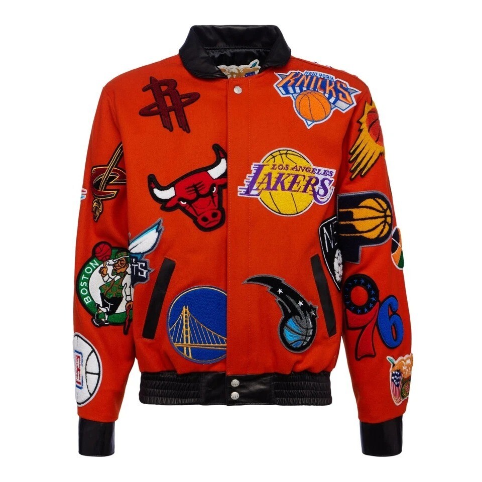 Men's Jeff Hamilton Orange NBA Motorcycle Wool Lambskin Leather Jacket