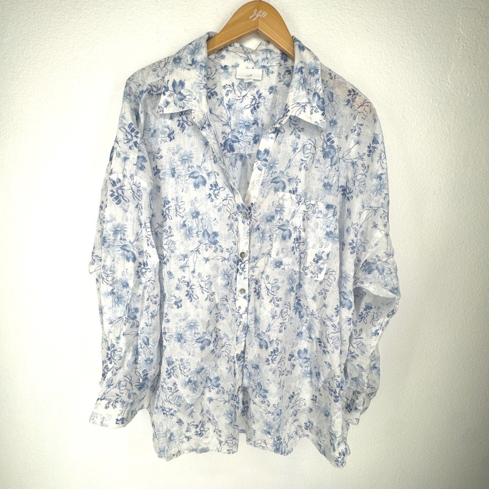 J Jill Floral Button Shirt Womens Plus 3X Blue Lightweight Cottagecore Cotton