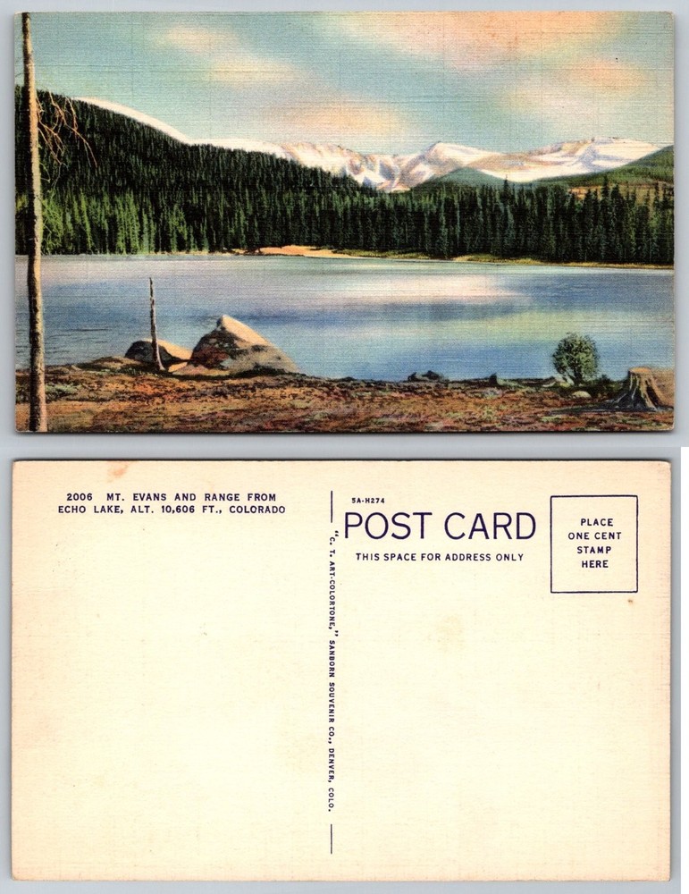 Vintage Echo Lake Mt Evans Colorado Linen Postcard C. T. Art-Colortone