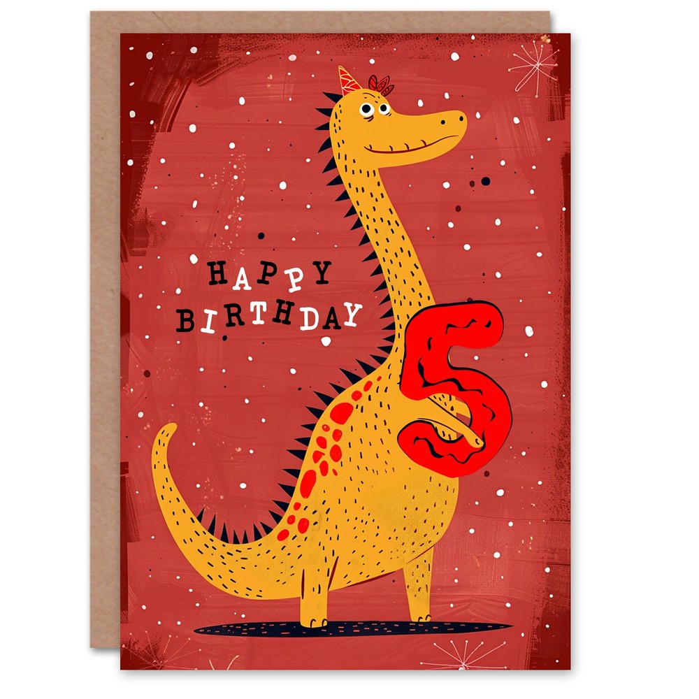 Birthday Card Spiky Yellow Red Dinosaur Cartoon Cute 5th 5 Year Old Child Kids