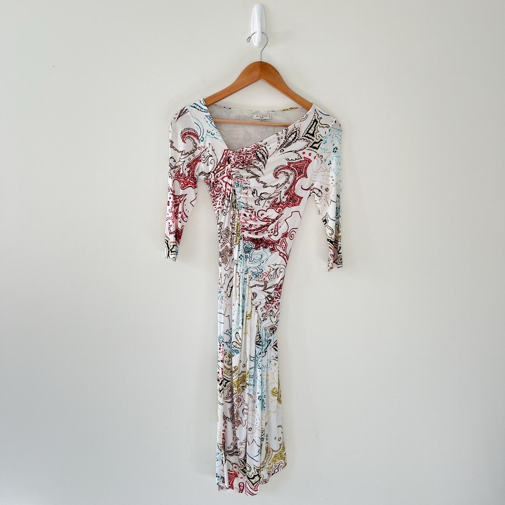 Etro Milano Floral Paisley White Ruched Stretch 3/4 Sleeve Dress Size 38 / Small