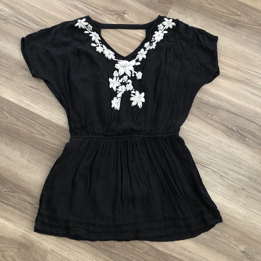 Free People Women’s Boho Tunic Dress Women Small Black Floral Embroidered Boho