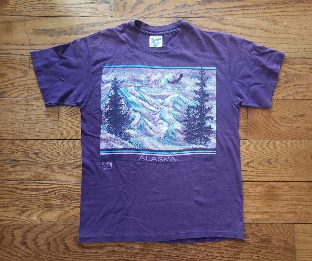 Vintage 90s Alaska Mountains Eagle T-Shirt Medium Purple Made USA Single Stitch