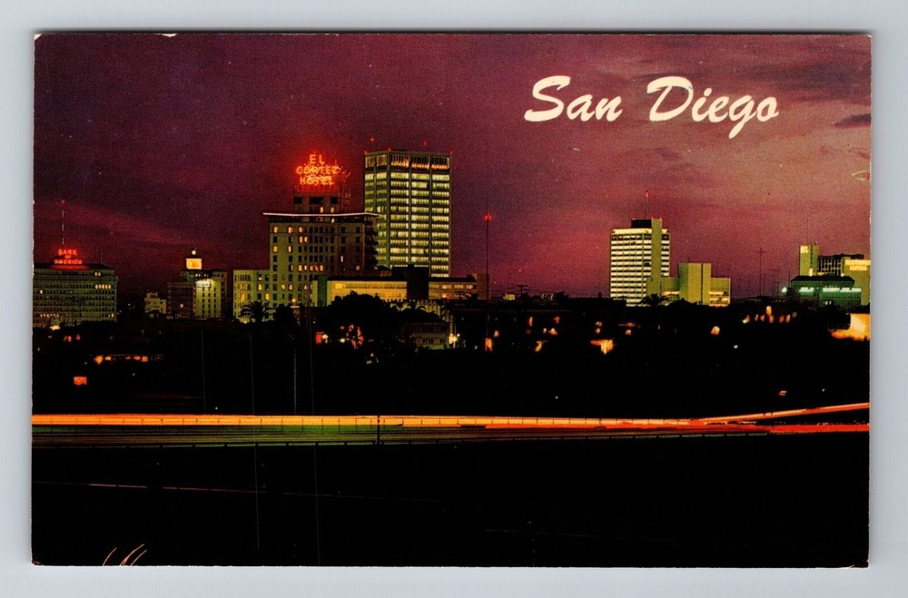 San Diego CA-California, San Diego Skyline at Night, Vintage Souvenir Postcard