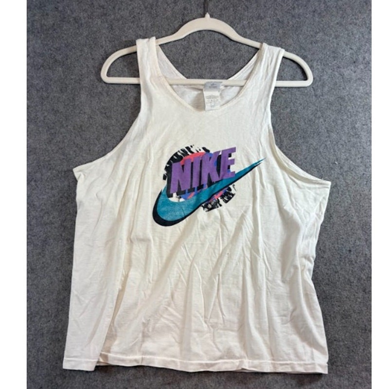 VTG 90s Nike Aqua Graphic Tank Top Mens Medium White Big Swoosh Abstract Retro