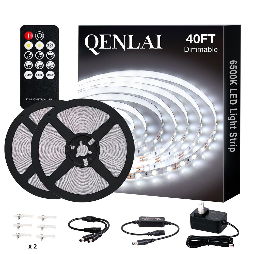 QENLAI 40ft White LED Strip Lights, Upgraded 6500K Dimmable Tape Lights with ...
