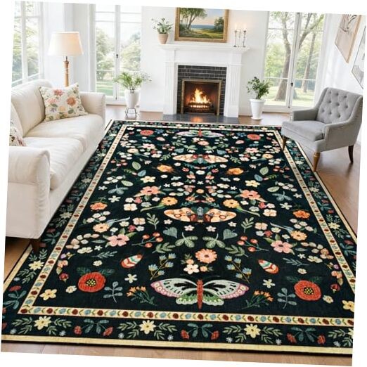 5x7 Area Rugs for Living Room, Soft Washable Insect Rug for 5x7Feet Black