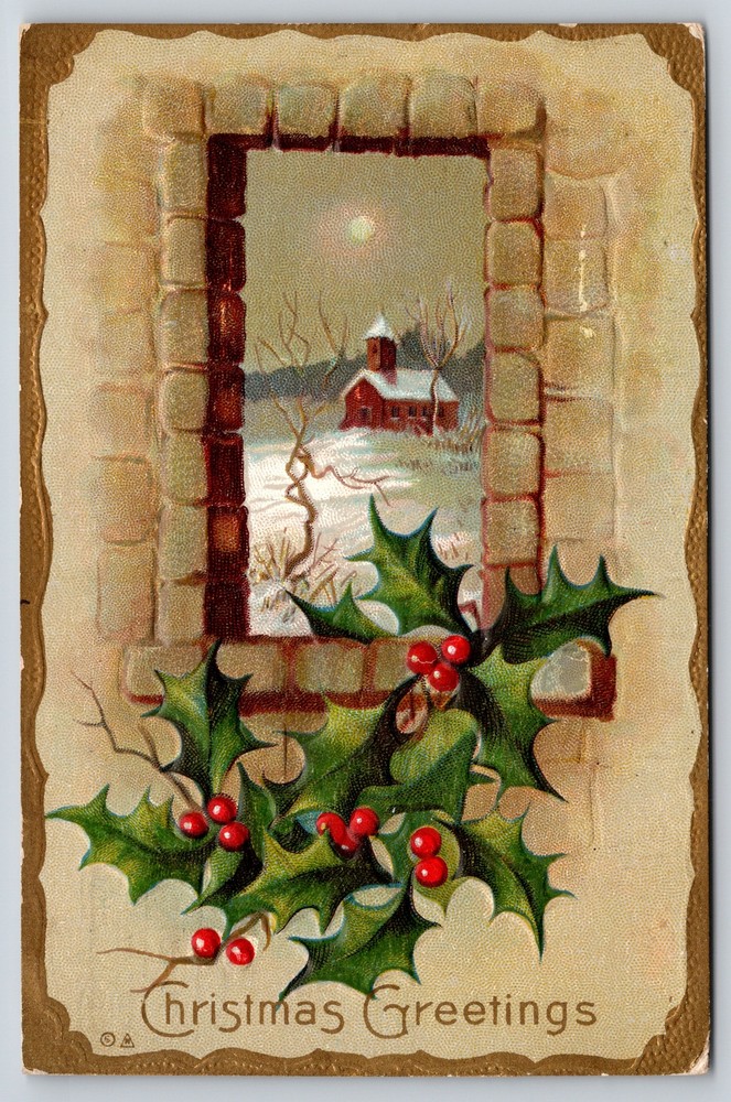 Christmas Greetings~Holly & Winter Church W/ Moon~Emb~Nash Vintage Postcard
