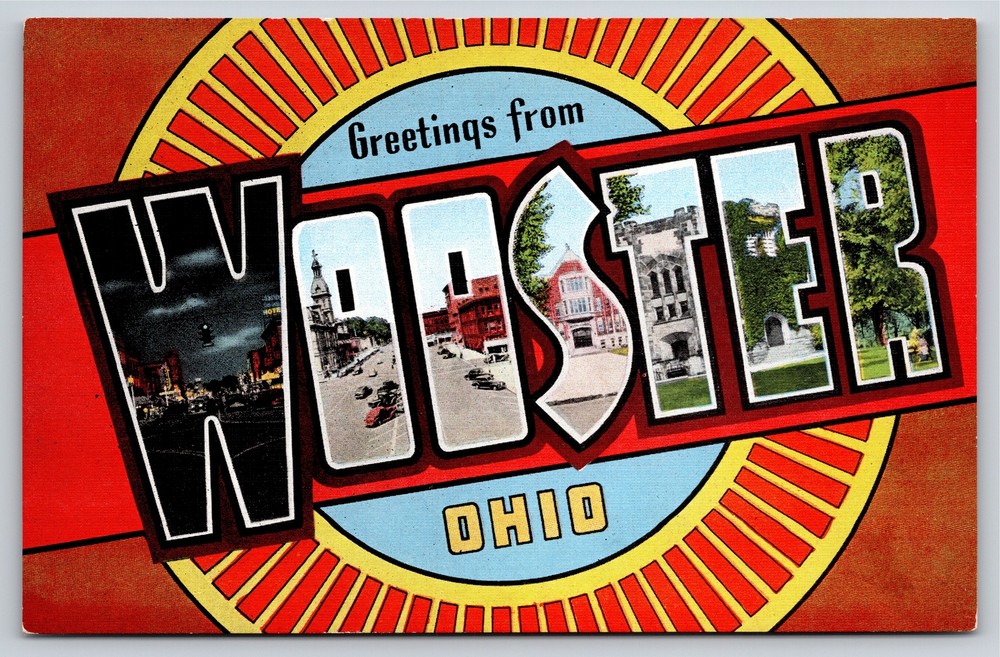 Wooster Ohio~Large Letters & Circle~Large Letter Linen~Vintage Postcard
