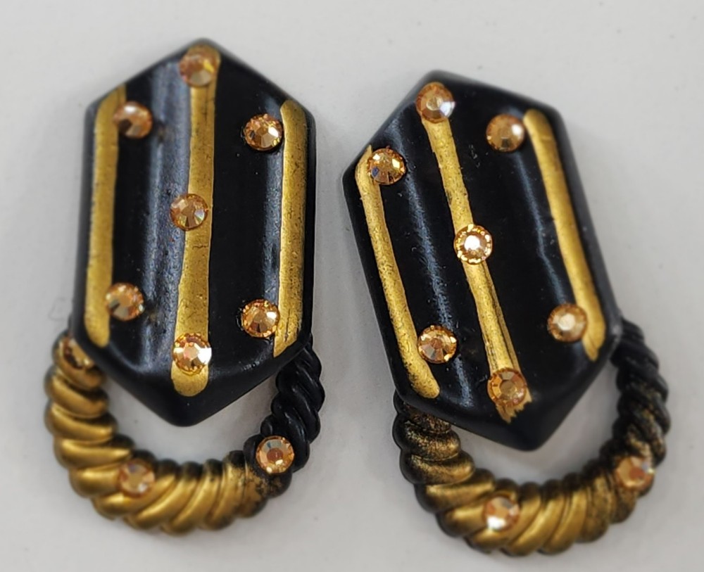 Vintage Jeff Lieb Black & Gold Geometric Clip-On Dangle Earrings