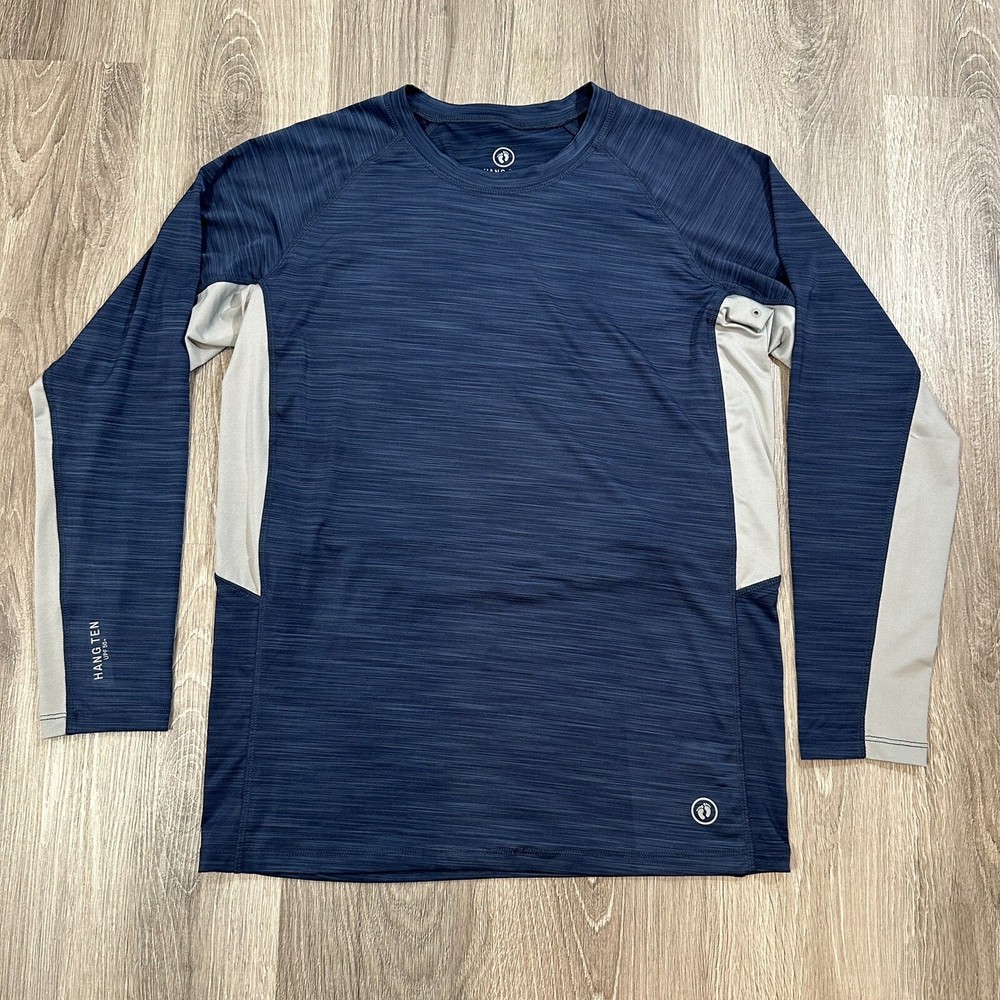 Hang Ten Sun Shirt Mens Medium Crew Neck UPF 50+ Long Sleeve Navy Grey Stretch