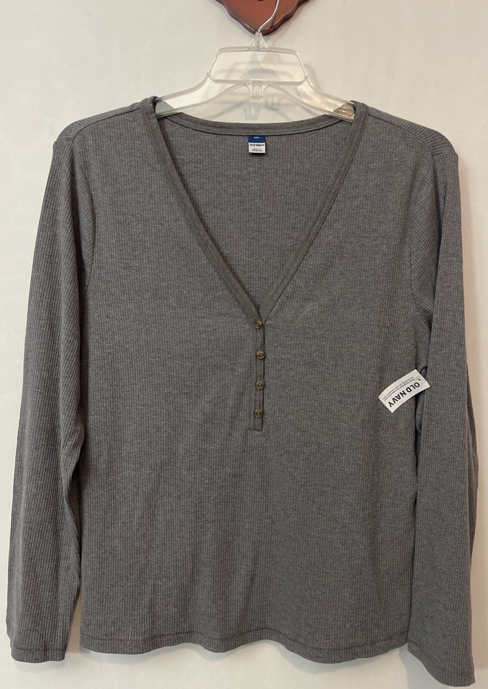 Old Navy Womens 2xl Gray Ribbed Vneck Half-Button Long-Sleeved Blouse NWT! A388