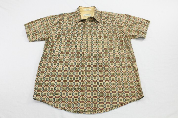 Orvis Mens XL Tan Geometric Short Sleeve All Over Print Button Up Shirt
