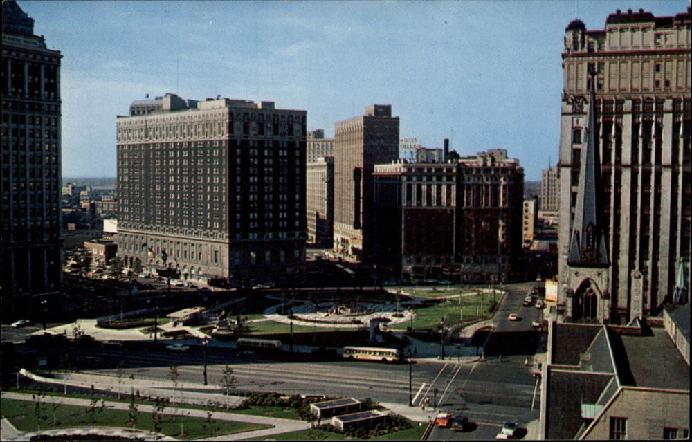 Michigan Detroit Grand Circus Park aerial view ~ 1950-60s vintage postcard