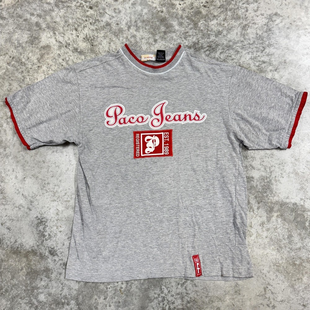 Paco Jeans Shirt Mens Small Gray Ringer Streetwear Graphic Logo Tee Retro Y2K