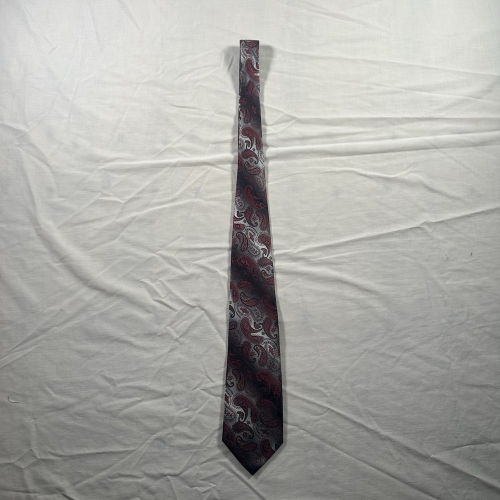 Pierre Cardin Mens Silk Necktie Red Black Silver Gray Paisley Luxury Dress Tie