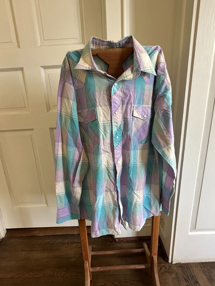 Wrangler Western Shirt Mens Large Plaid Pearl Snap Long Sleeve Cowboy Pastel