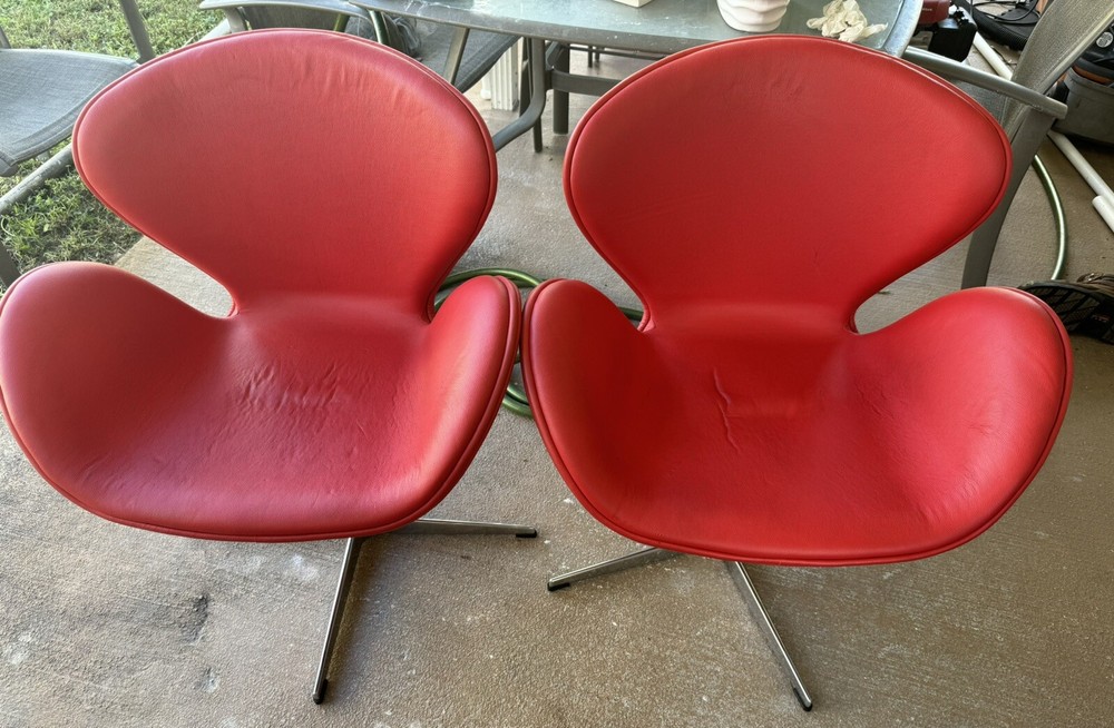 Swan Red Leather Swivel Chairs with Chrome Base Set of 2