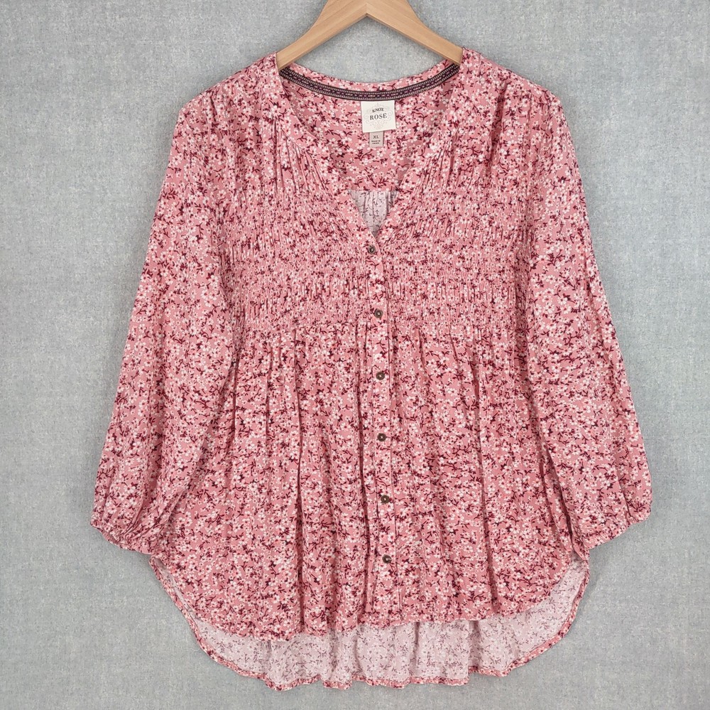 Knox Rose Blouse Womens XL Floral Long Sleeve Button Front Smocked Rayon Top
