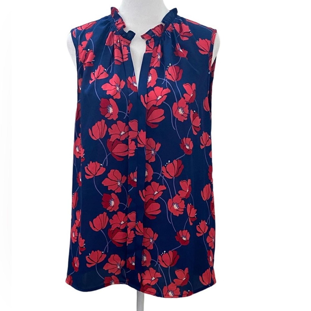 Market & Spruce Navy Red Floral Blouse with Ruffled V-Neck Collar in Size XL