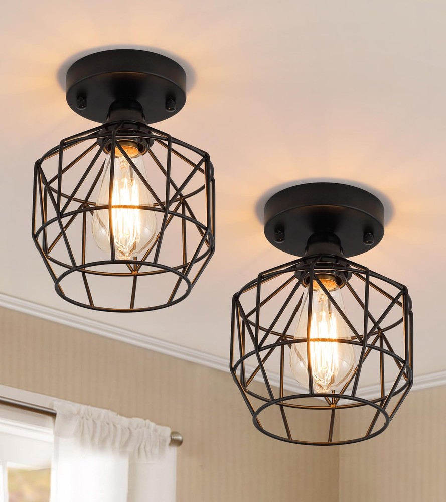 Black Industrial Vintage Semi Flush Mount Cage Ceiling Light for RV Small Spaces