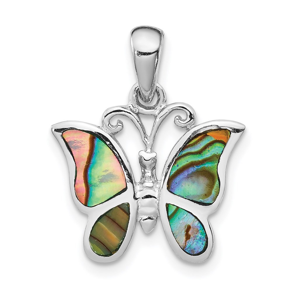 Sterling Silver Rhodium-plated Abalone Butterfly Pendant 1.28gm L-22.5 mm