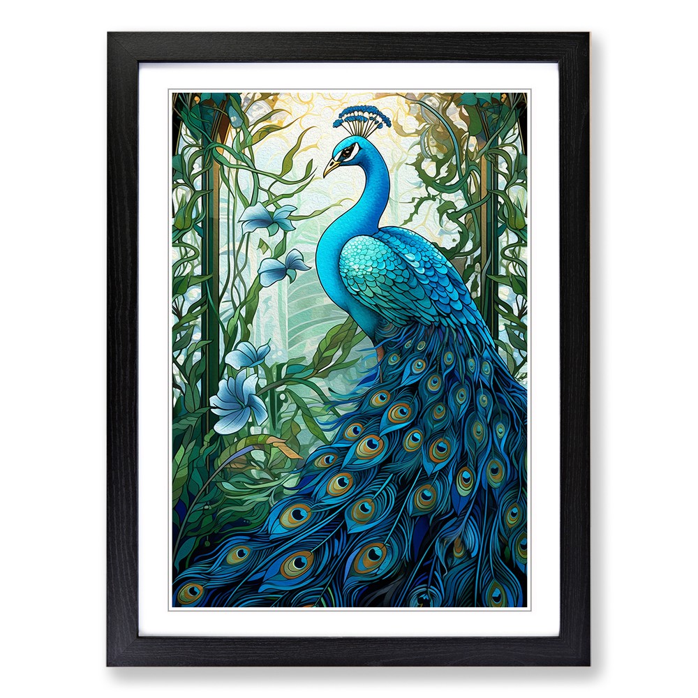 Peacock Nouveau No.2 Framed Canvas Wall Art Print Poster Picture, Home Decor