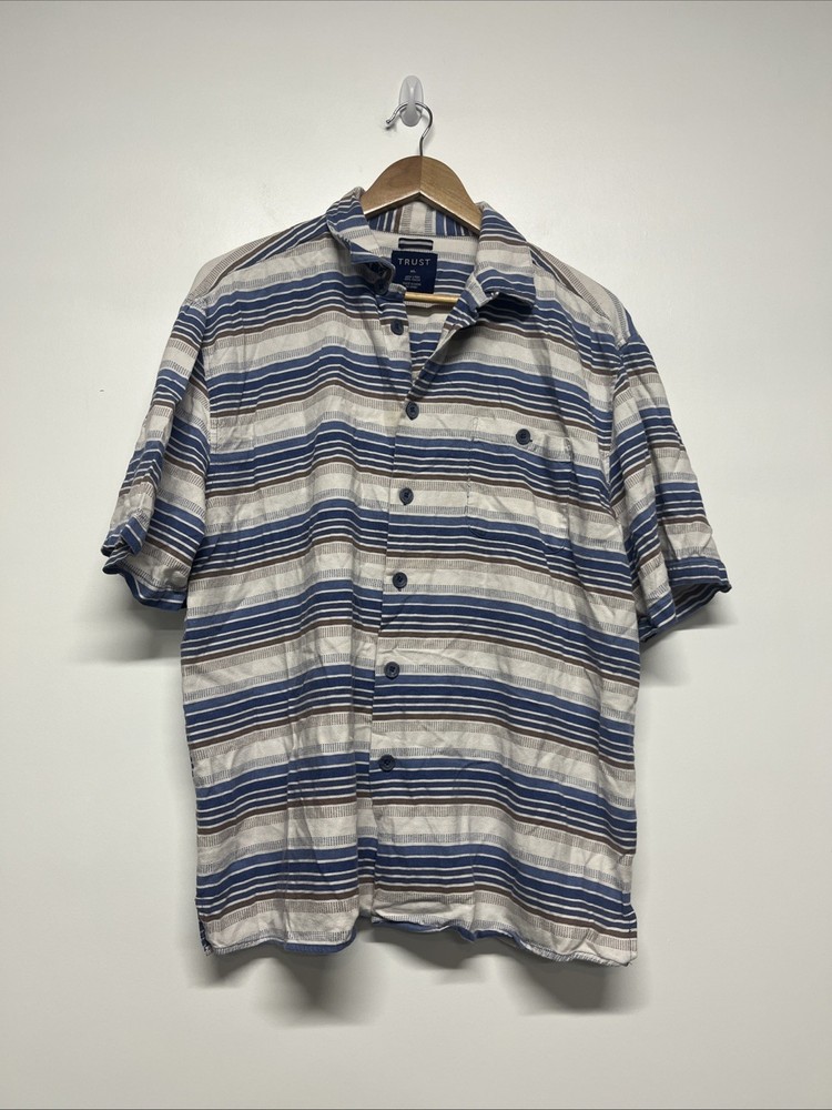Trust Shirt Mens Size XL Linen Rayon Short Sleeve Striped Button Up Chest Pocket
